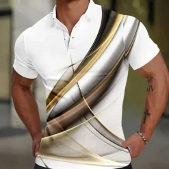 Men's Geometic Line Polo Short Sleeve Polo Shirts Collared Shirts Casual School Outdoor Daily Wear Home Wear 3D Print Summer Spring Fall White Blue Brown