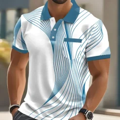 Men's Geometic Line Polo Short Sleeve Polo Shirts Collared Shirts Business Casual Outdoor Athleisure Daily Wear 3D Print Buttons Summer Black Red Blue
