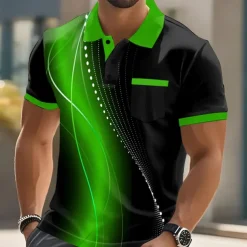 Men's Geometic Line Polo Short Sleeve Polo Shirts Collared Shirts Business Casual Outdoor Athleisure Daily Wear Pocket 3D Print Buttons Summer Lake blue Red Blue