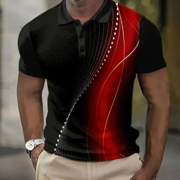 Men's Geometic Line Waffle Polo Shirts Short Sleeve Polo Shirts Collared Shirts Business Casual School Business Athleisure Buttons 3D Print Summer Red Blue Purple