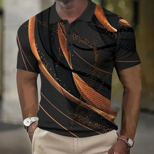 Men's Geometic Line Waffle Polo Shirts Short Sleeve Polo Shirts Collared Shirts Business Casual Outdoor Street Dailywear Athleisure Buttons 3D Print Summer Blue Purple Orange