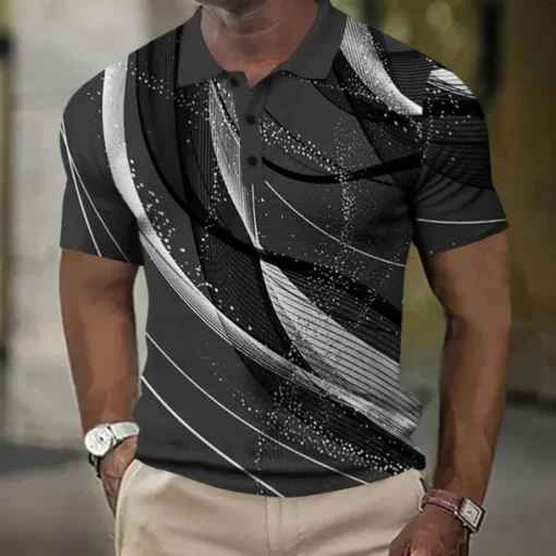 Men's Geometic Line Waffle Polo Shirts Short Sleeve Polo Shirts Collared Shirts Business Casual Outdoor Street Dailywear Athleisure Buttons 3D Print Summer Blue Purple Orange