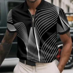 Men's Geometic Line Zip Polo Shirts Short Sleeve Polo Shirts Collared Shirts Business Casual Business Athleisure Wear to work Daily Wear 3D Print Summer Black White