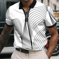 Men's Geometic Line Zip Polo Shirts Short Sleeve Polo Shirts Collared Shirts Business Casual Business Athleisure Wear to work Daily Wear 3D Print Summer Black White