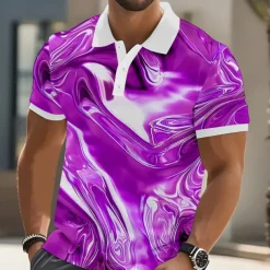 Men's Geometic Marble Polo Short Sleeve Polo Shirts Collared Shirts Casual Athleisure Outdoor clothing Streetwear Buttons Summer Blue Sky Blue Purple