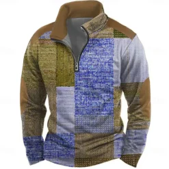 Men's Geometric Abstract Sweatshirt Casual Long Sleeve Stand Collar Vacation Streetwear Blue Purple Zipper Quarter Zip Fall Winter Designer