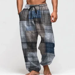 Men's Geometric Color Block Trousers Baggy Pants Casual Pants Mid Waist Vintage Outdoor Vacation Elastic Drawstring Waist Linen-Like Pants with Pockets Summer Spring Fall 3D Print Blue Green Khaki