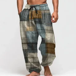 Men's Geometric Color Block Trousers Baggy Pants Casual Pants Mid Waist Vintage Outdoor Vacation Elastic Drawstring Waist Linen-Like Pants with Pockets Summer Spring Fall 3D Print Blue Green Khaki