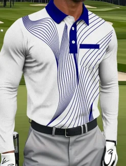 Men's Geometric Golf Polo Sports Polo Shirts Long Sleeve Polo Shirts Collared Shirts Sportswear Business Casual Athleisure Daily Wear Pocket 3D Print Buttons Spring Fall Black Red Blue