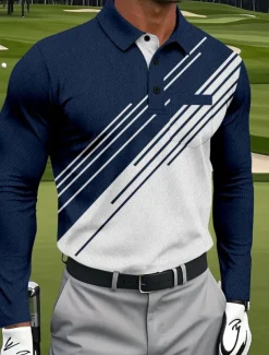 Men's Geometric Golf Polo Long Sleeve Polo Shirts Collared Shirts Sportswear Business Casual Athleisure Daily Wear Pocket 3D Print Buttons Spring Fall Black Red Navy Blue