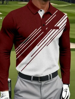 Men's Geometric Golf Polo Long Sleeve Polo Shirts Collared Shirts Sportswear Business Casual Athleisure Daily Wear Pocket 3D Print Buttons Spring Fall Black Red Navy Blue