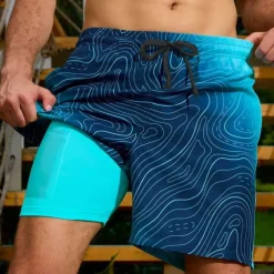 Men's Geometric Gradient Color Lined Shorts 2 in 1 Board Shorts Swim Shorts Mid Waist Hawaiian Vacation Holiday Beach Wear Side Pockets With Compression Liner Elastic Drawstring Waist Designer