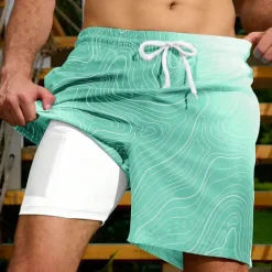 Men's Geometric Gradient Color Lined Shorts 2 in 1 Board Shorts Swim Shorts Mid Waist Hawaiian Vacation Holiday Beach Wear Side Pockets With Compression Liner Elastic Drawstring Waist Designer