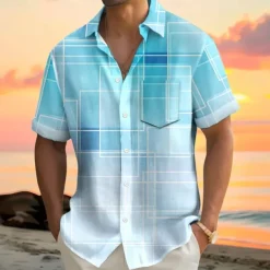 Men's Geometric Gradient Line Shirt Summer Shirt Button Up Shirt Short Sleeve Fashion Casual Outdoor Vacation Dailywear Summer Spring Turndown 3D Print Collared Shirts Front One Pocket Red Blue