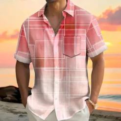 Men's Geometric Gradient Line Shirt Summer Shirt Button Up Shirt Short Sleeve Fashion Casual Outdoor Vacation Dailywear Summer Spring Turndown 3D Print Collared Shirts Front One Pocket Red Blue