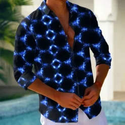 Men's Geometric Grid / Plaid Neon Glow Shirt Button Up Shirt Casual Dress Shirt Long Sleeve Fashion Casual Vacation Daily Streetwear Summer Spring Turndown 3D Print Collared Shirts Red Blue Purple