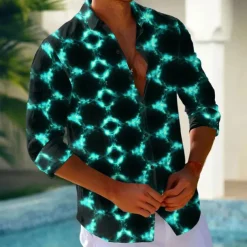 Men's Geometric Grid / Plaid Neon Glow Shirt Button Up Shirt Casual Dress Shirt Long Sleeve Fashion Casual Vacation Daily Streetwear Summer Spring Turndown 3D Print Collared Shirts Red Blue Purple