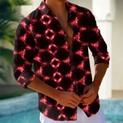 Men's Geometric Grid / Plaid Neon Glow Shirt Button Up Shirt Casual Dress Shirt Long Sleeve Fashion Casual Vacation Daily Streetwear Summer Spring Turndown 3D Print Collared Shirts Red Blue Purple