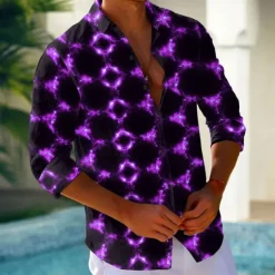Men's Geometric Grid / Plaid Neon Glow Shirt Button Up Shirt Casual Dress Shirt Long Sleeve Fashion Casual Vacation Daily Streetwear Summer Spring Turndown 3D Print Collared Shirts Red Blue Purple