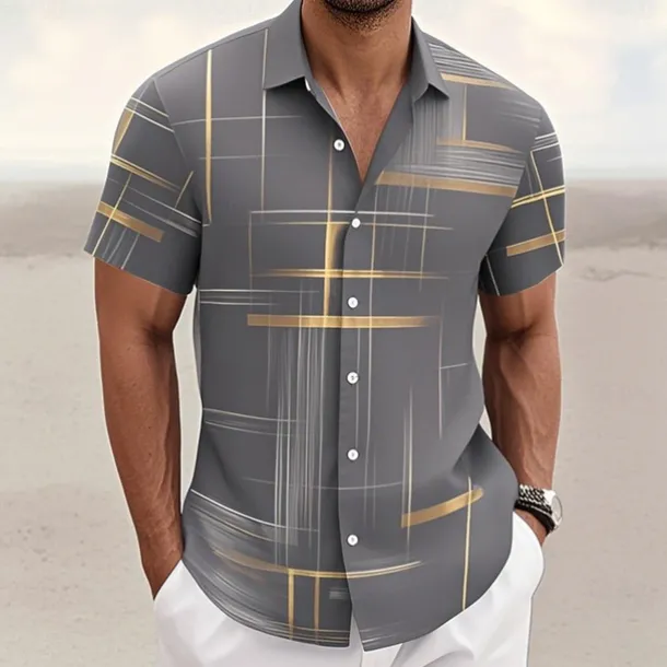 Men's Geometric Grid / Plaid Shirt Button Up Shirt Short Sleeve Fashion Casual Outdoor Vacation Streetwear Summer Spring Turndown 3D Print Collared Shirts Black Pink Army Green Blue Green