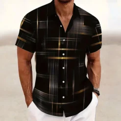 Men's Geometric Grid / Plaid Shirt Button Up Shirt Short Sleeve Fashion Casual Outdoor Vacation Streetwear Summer Spring Turndown 3D Print Collared Shirts Black Pink Army Green Blue Green