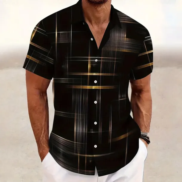 Men's Geometric Grid / Plaid Shirt Button Up Shirt Short Sleeve Fashion Casual Outdoor Vacation Streetwear Summer Spring Turndown 3D Print Collared Shirts Black Pink Army Green Blue Green