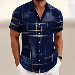 Men's Geometric Grid / Plaid Shirt Button Up Shirt Short Sleeve Fashion Casual Outdoor Vacation Streetwear Summer Spring Turndown 3D Print Collared Shirts Black Pink Army Green Blue Green