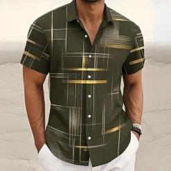 Men's Geometric Grid / Plaid Shirt Button Up Shirt Short Sleeve Fashion Casual Outdoor Vacation Streetwear Summer Spring Turndown 3D Print Collared Shirts Black Pink Army Green Blue Green