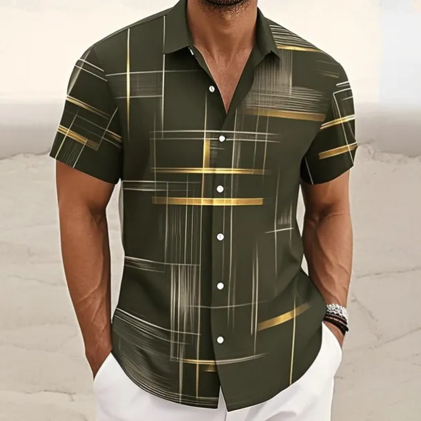 Men's Geometric Grid / Plaid Shirt Button Up Shirt Short Sleeve Fashion Casual Outdoor Vacation Streetwear Summer Spring Turndown 3D Print Collared Shirts Black Pink Army Green Blue Green