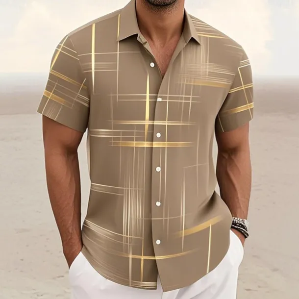 Men's Geometric Grid / Plaid Shirt Button Up Shirt Short Sleeve Fashion Casual Outdoor Vacation Streetwear Summer Spring Turndown 3D Print Collared Shirts Black Pink Army Green Blue Green