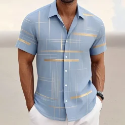 Men's Geometric Grid / Plaid Shirt Button Up Shirt Short Sleeve Fashion Casual Outdoor Vacation Streetwear Summer Spring Turndown 3D Print Collared Shirts Black Pink Army Green Blue Green