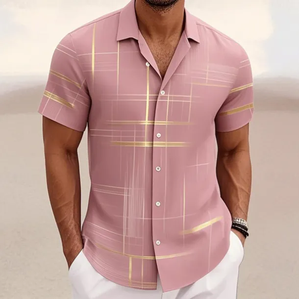 Men's Geometric Grid / Plaid Shirt Button Up Shirt Short Sleeve Fashion Casual Outdoor Vacation Streetwear Summer Spring Turndown 3D Print Collared Shirts Black Pink Army Green Blue Green