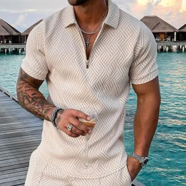 Men's Geometric Hawaiian Polo Shirts Golf Shirt Short Sleeve Polo Shirts Collared Shirts Casual Beach Wear Vacation Wear Party Outfits 3D Print Quarter Zip Polo White gray Black Light Green