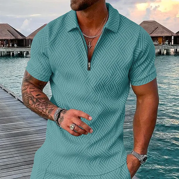 Men's Geometric Hawaiian Polo Shirts Golf Shirt Short Sleeve Polo Shirts Collared Shirts Casual Beach Wear Vacation Wear Party Outfits 3D Print Quarter Zip Polo White gray Black Light Green