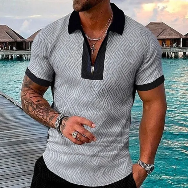 Men's Geometric Hawaiian Polo Shirts Golf Shirt Short Sleeve Polo Shirts Collared Shirts Casual Beach Wear Vacation Wear Party Outfits 3D Print Quarter Zip Polo White gray Black Light Green