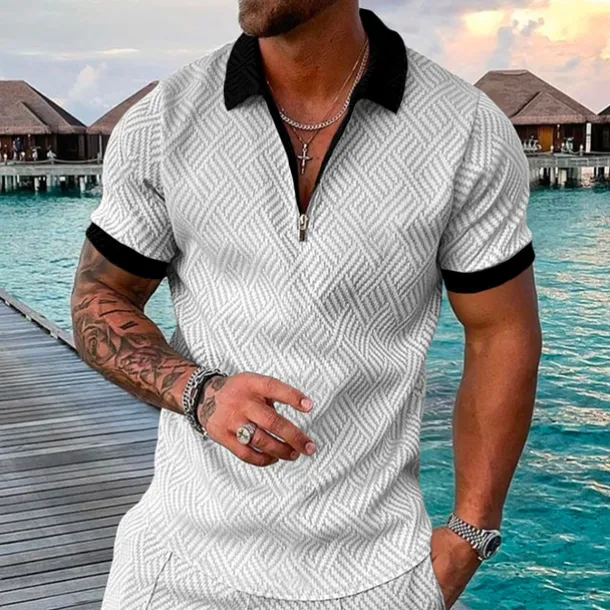 Men's Geometric Hawaiian Polo Shirts Golf Shirt Short Sleeve Polo Shirts Collared Shirts Casual Beach Wear Vacation Wear Party Outfits 3D Print Quarter Zip Polo White gray Black Light Green