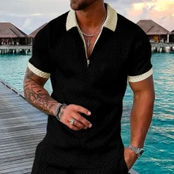 Men's Geometric Hawaiian Polo Shirts Golf Shirt Short Sleeve Polo Shirts Collared Shirts Casual Beach Wear Vacation Wear Party Outfits 3D Print Quarter Zip Polo White gray Black Light Green