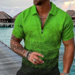 Men's Geometric Hawaiian Polo Shirts Golf Shirt Short Sleeve Polo Shirts Collared Shirts Casual Beach Wear Vacation Wear Party Outfits 3D Print Quarter Zip Polo Yellow Pink Blue