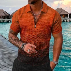 Men's Geometric Hawaiian Polo Shirts Golf Shirt Short Sleeve Polo Shirts Collared Shirts Casual Beach Wear Vacation Wear Party Outfits 3D Print Quarter Zip Polo Yellow Pink Blue