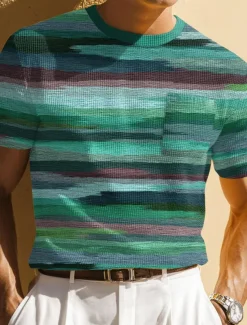 Men's Geometric Horizontal Stripes Waffle Shirt Short Sleeve T shirt Print Crew Neck Shirt Fashion Daily Designer Street Casual Daily Blue Brown Green Summer Spring Clothing Apparel S M L XL XXL XXXL