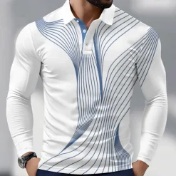 Men's Geometric Line Polo Long Sleeve Polo Shirts Collared Shirts Business Casual Athleisure Daily Wear 3D Print Spring Fall Blue Purple Green