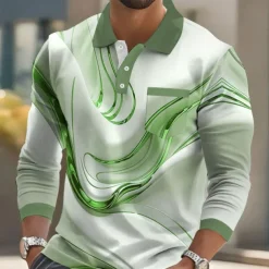 Men's Geometric Line Polo Long Sleeve Polo Shirts Collared Shirts Business Casual Business Athleisure Daily Wear Pocket 3D Print Buttons Spring Fall Winter Blue Gold Green