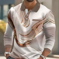 Men's Geometric Line Polo Long Sleeve Polo Shirts Collared Shirts Business Casual Business Athleisure Daily Wear Pocket 3D Print Buttons Spring Fall Winter Blue Gold Green