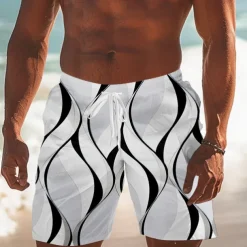 Men's Geometric Line Swim Trunks Swim Shorts Board Shorts Mid Waist Streetwear Hawaiian Vacation Drawstring Mesh Lining Elastic Waist Designer Clothing Apparel