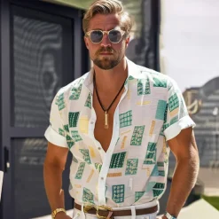 Men's Geometric Linen Shirt Casual Shirt Button Up Shirt Short Sleeve Fashion Daily Sports & Outdoors Outdoor Sport Causal Lapel Buttons White