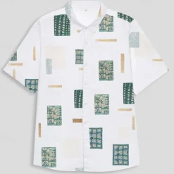 Men's Geometric Linen Shirt Casual Shirt Button Up Shirt Short Sleeve Fashion Daily Sports & Outdoors Outdoor Sport Causal Lapel Buttons White