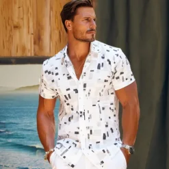 Men's Geometric Linen Shirt Casual Shirt Button Up Shirt Short Sleeve Daily Sports & Outdoors Outdoor Sports & Outdoor Office / Career Turndown Buttons Pocket White