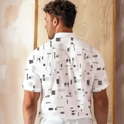 Men's Geometric Linen Shirt Casual Shirt Button Up Shirt Short Sleeve Daily Sports & Outdoors Outdoor Sports & Outdoor Office / Career Turndown Buttons Pocket White