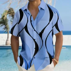 Men's Geometric Lines / Waves Geometric Pattern Button Up Shirt Printed Shirts Short Sleeve Hawaiian Resort Causal Casual Daily Summer Turndown Print Button-Down Black White Blue Khaki
