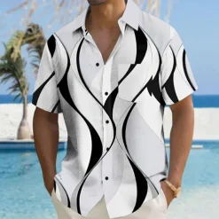 Men's Geometric Lines / Waves Geometric Pattern Button Up Shirt Printed Shirts Short Sleeve Hawaiian Resort Causal Casual Daily Summer Turndown Print Button-Down Black White Blue Khaki